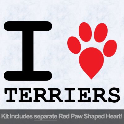 I Love Terriers with Red Paw Heart Iron on Transfer