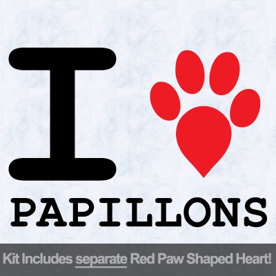 Picture of I Love Papillions with Red Paw Heart Iron on Transfer