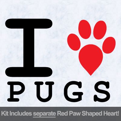 I Love Pugs with Red Paw Heart Iron on Transfer
